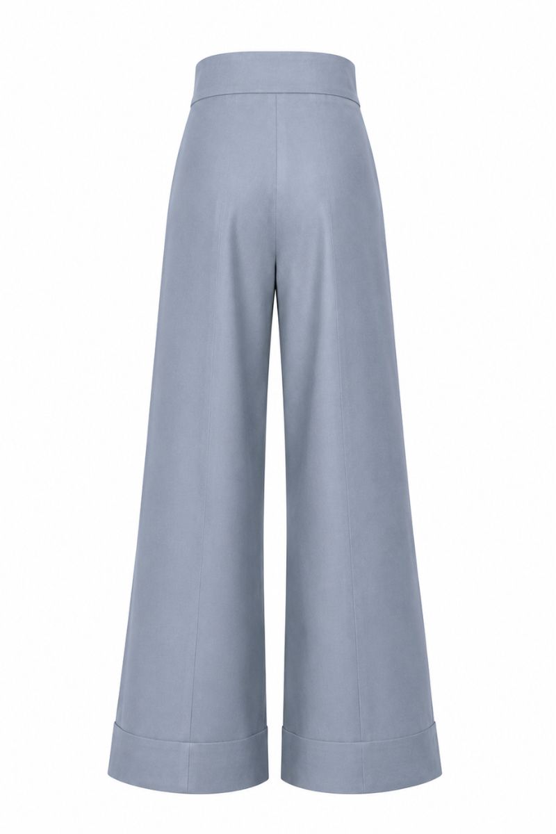 Light gray Pino Pants in Tempest color by ANA + MARIA displayed on a ghost mannequin, showcasing relaxed fit and soft fabric.