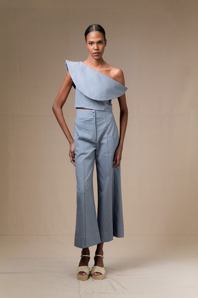 ANA + MARIA Pino Pants in Tempest fabric, featuring a relaxed fit and stylish design, shown in a front view.