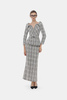 Montsand plaid tweed V-neck peplum blazer top, stylish and tailored, shown in a plaid pattern with a V-neck design.