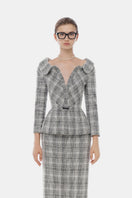 Montsand plaid V-neck peplum tweed blazer top paired with a matching midi skirt, stylish and tailored for a sophisticated look.