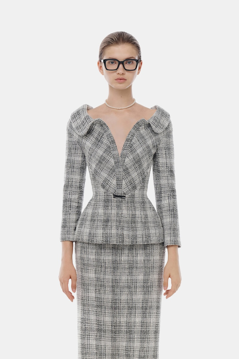 Montsand plaid V-neck peplum tweed blazer top paired with a matching midi skirt, stylish and tailored for a sophisticated look.