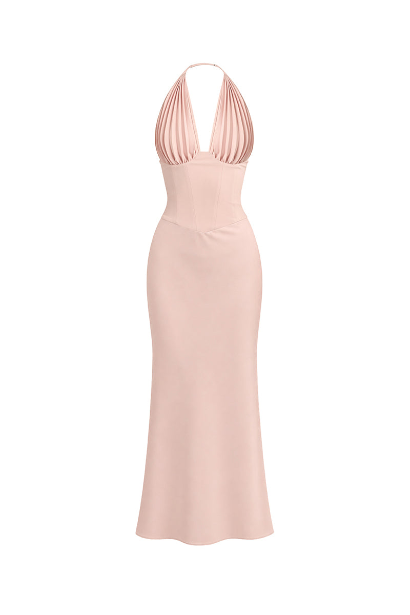 Dusty pink MS. Pleat Corset Midi Dress by Stolen Stores, featuring elegant pleats and a fitted corset bodice.