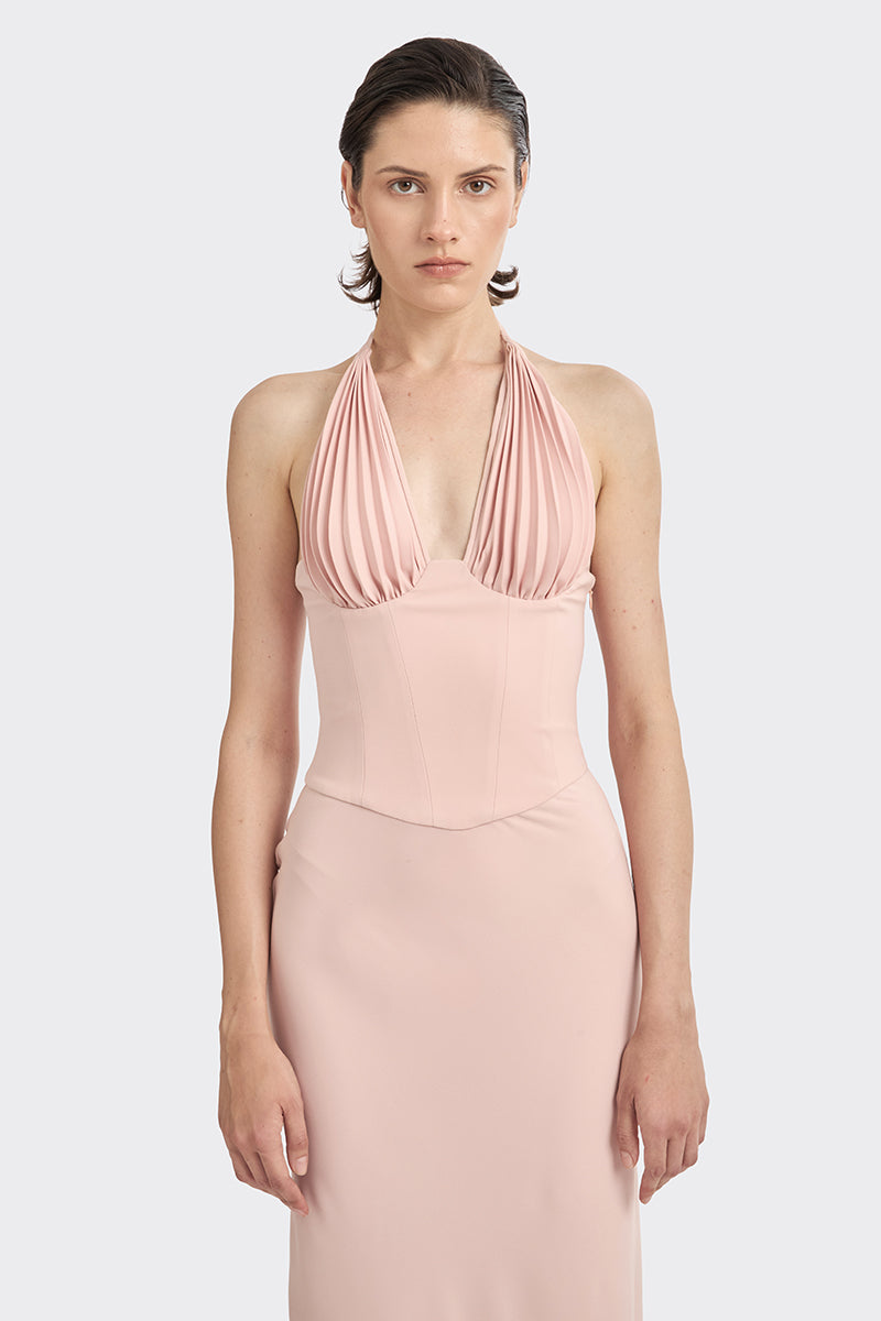 Dusty pink MS. Pleat Corset Midi Dress by Stolen Stores featuring elegant pleats and a fitted corset style.
