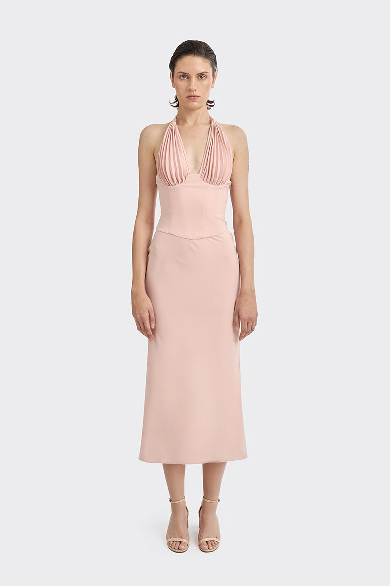 Stolen Stores dusty pink pleat corset midi dress featuring a fitted bodice and flowing skirt, perfect for elegant occasions.