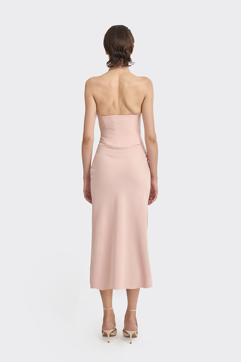 Dusty pink MS. Pleat Corset Midi Dress by Stolen Stores, featuring pleated fabric and a fitted corset style.