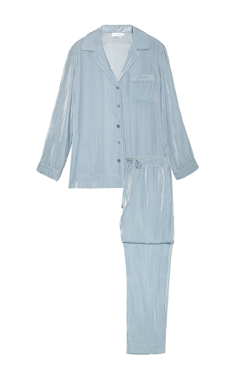 Blue velvet pajama lounge set with pleated design from MANITO, featuring a comfortable, stylish sleepwear ensemble.
