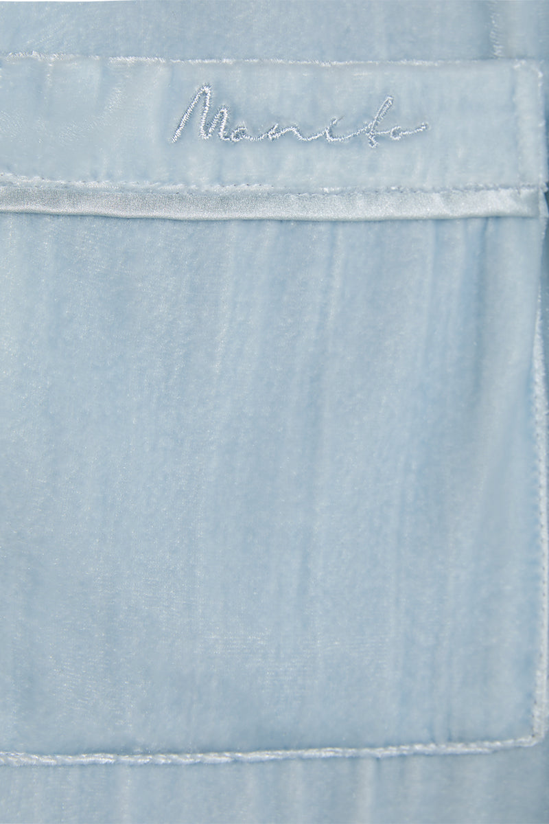 Blue pleat velvet lounge pajamas set by MANITO, featuring soft fabric and relaxed fit for comfortable home wear.