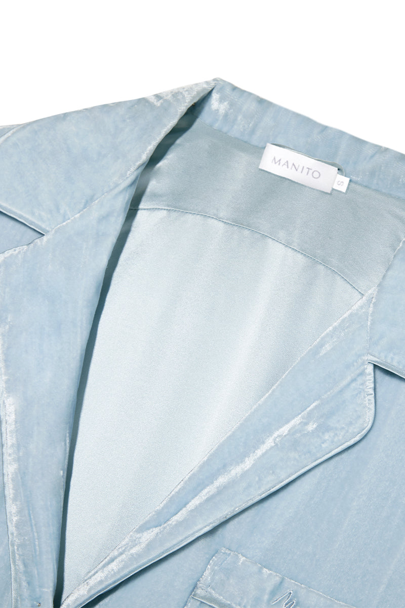 Blue velvet lounge pajamas set with pleated design from MANITO, featuring a comfortable relaxed fit and soft fabric.