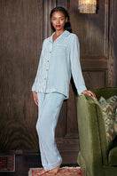 Blue velvet pleat lounge pajamas set by MANITO, featuring a relaxed fit and soft fabric for comfortable sleepwear.