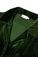 Green velvet lounge set with pleated details, comfortable pajamas by MANITO, shown on a model.
