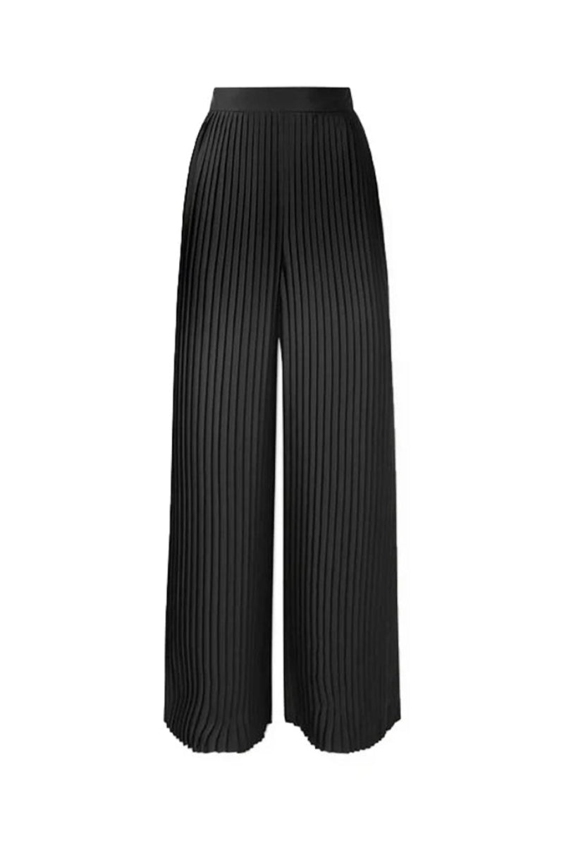 SemSem plissé satin wide-leg pants with a flat front, flowing and elegant, showcased on a model.