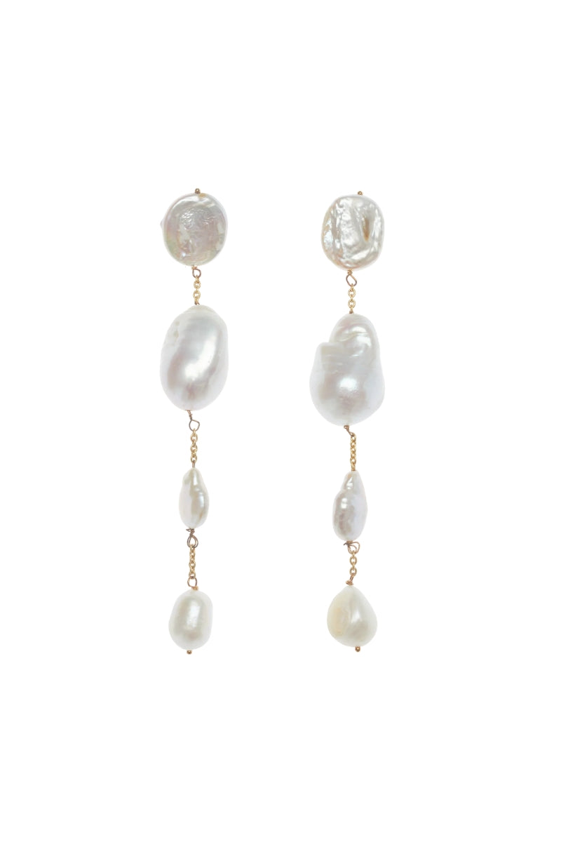 LAVANI JEWELS Pluie Pearl Earrings featuring white pearl drops and delicate gold settings on a white background.