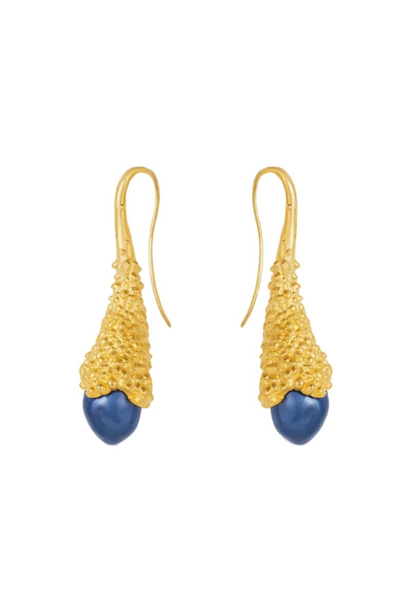 Gold and blue Jude Benhalim plunge earrings featuring sleek, modern design with vibrant blue accents.