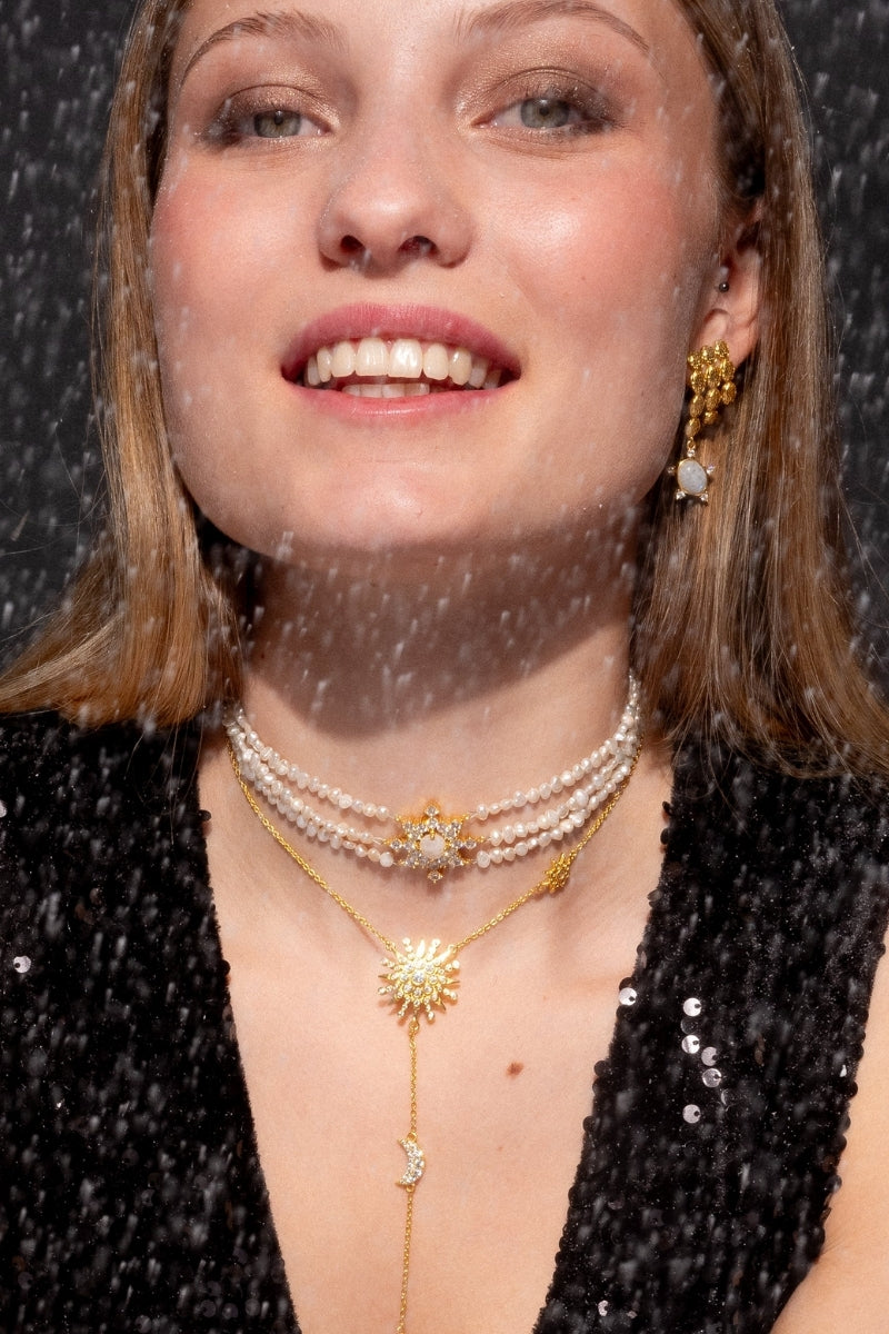 LAVANI JEWELS Polaris Pearl Choker necklace featuring a string of elegant white pearls on a delicate chain.