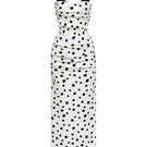 Montsand polka dot draped midi dress featuring a flowing silhouette and classic pattern, perfect for stylish daytime wear