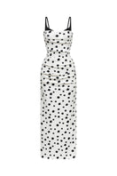 Montsand polka dot draped midi dress featuring a flowing silhouette and classic pattern, perfect for stylish daytime wear