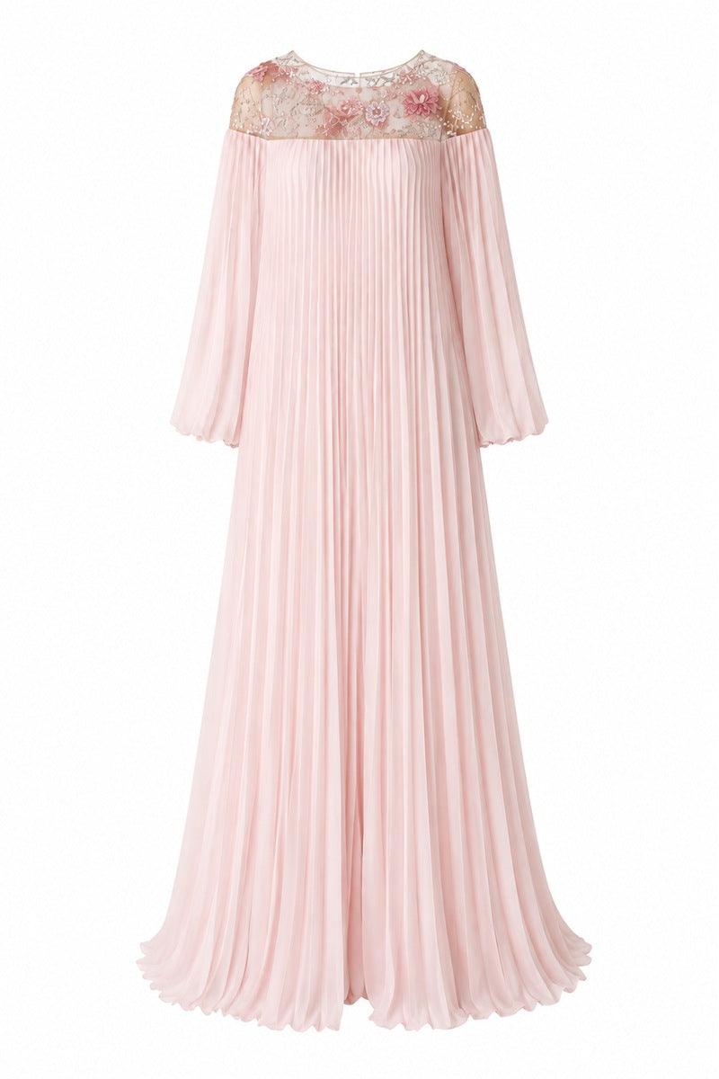 Light pink Pollen dress by Nihan Peker, elegant gown with flowing fabric and delicate design, perfect for formal occasions.