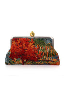 Multicolor clutch bag with pomegranate and autumn field design by Sarah's Bag, featuring detailed embroidery and compact style.