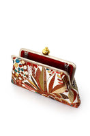Brown clutch bag with a pomegranate design from Sarah's Bag Jungle Collection, featuring intricate embroidery and a sleek style.