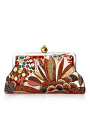 Brown clutch bag with a pomegranate and jungle motif by Sarah's Bag, featuring a compact, stylish design for evening or special occasions.