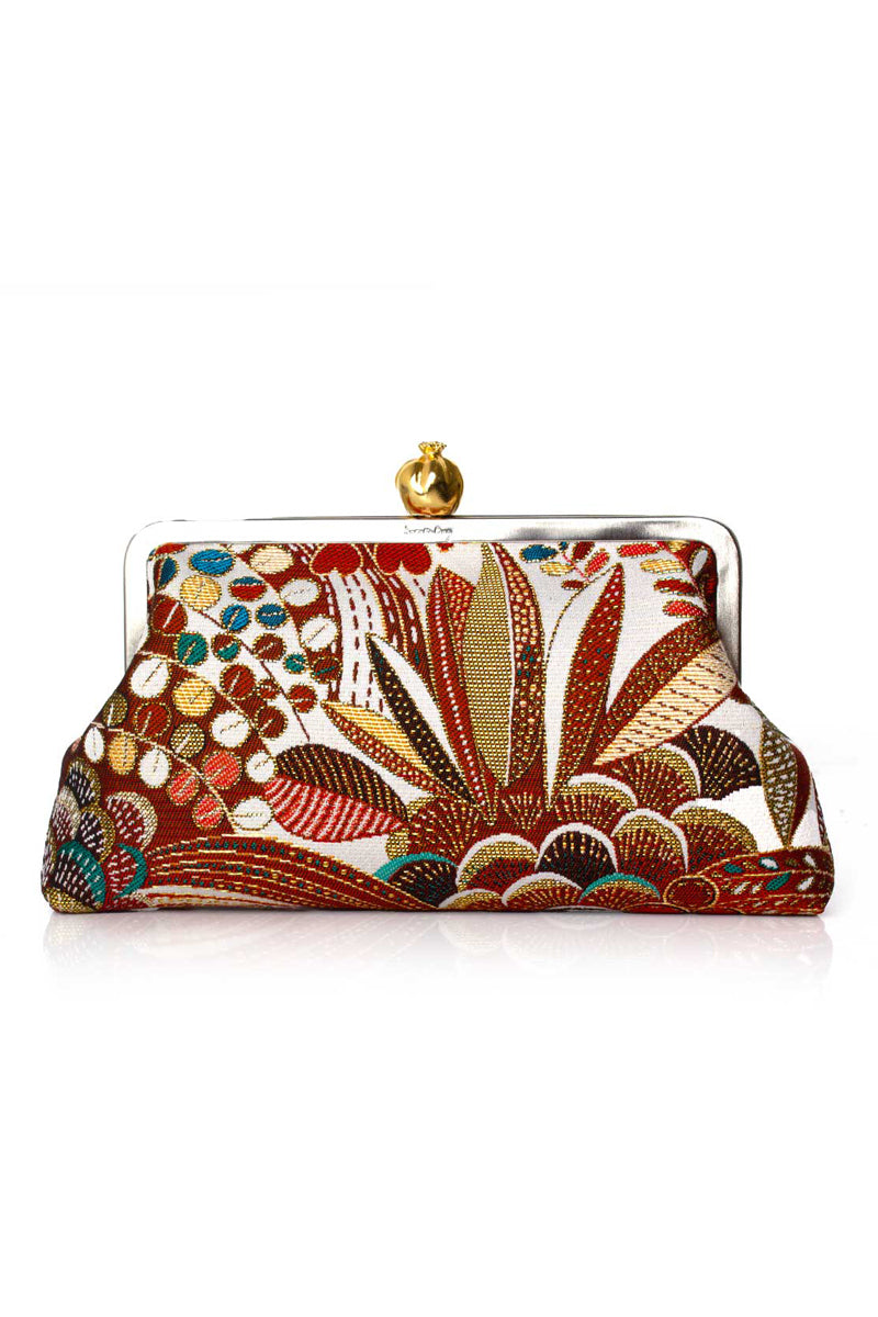 Brown clutch bag with a pomegranate and jungle motif by Sarah's Bag, featuring a compact, stylish design for evening or special occasions.