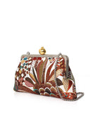 Brown clutch bag featuring a vibrant pomegranate design from Sarah's Bag's Jungle Classic collection.
