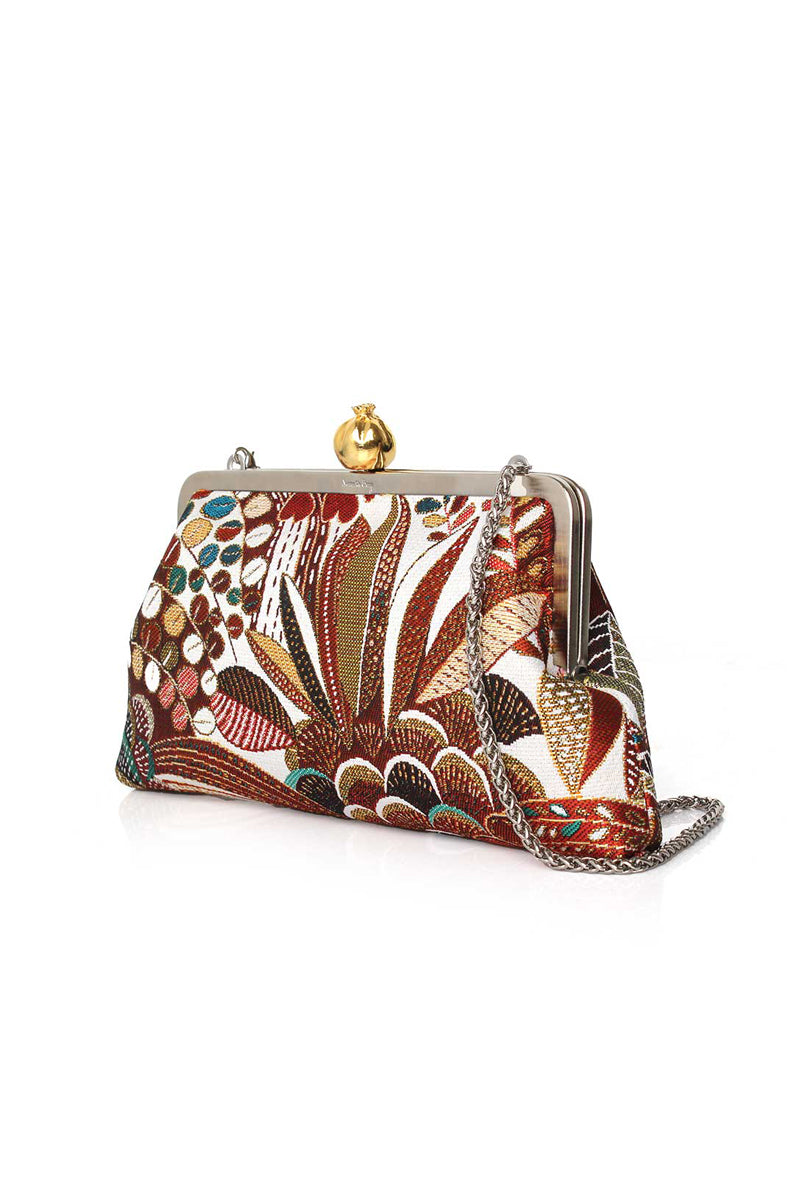 Brown clutch bag featuring a vibrant pomegranate design from Sarah's Bag's Jungle Classic collection.