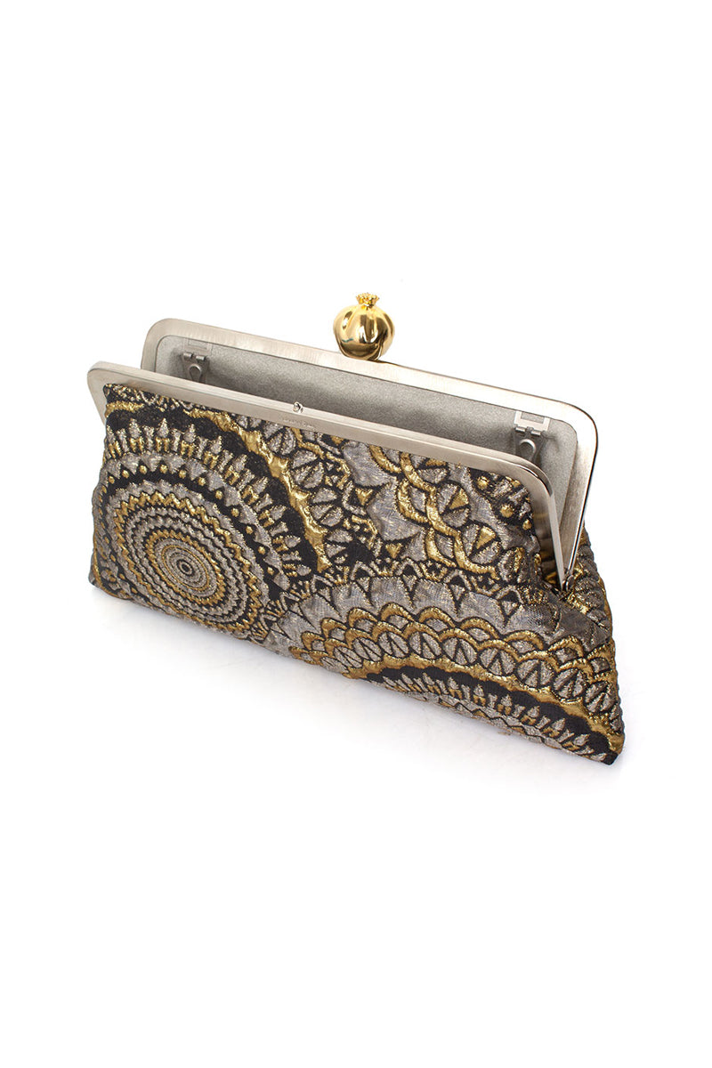 Sarah's Bag clutch featuring a pomegranate design on sunburst brocade fabric, metallic accents, and a classic elegant style.