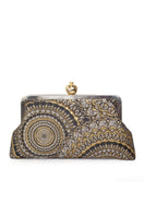 Sarah's Bag clutch featuring a pomegranate design on sunburst brocade fabric with metallic accents, elegant evening accessory.