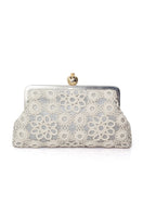 Silver clutch bag featuring a pomegranate design with crochet accents from Sarah's Bag, elegant and stylish accessory.