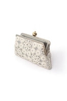 Sarah's Bag silver clutch with a crochet pomegranate design, stylish and elegant for evening or special occasions.