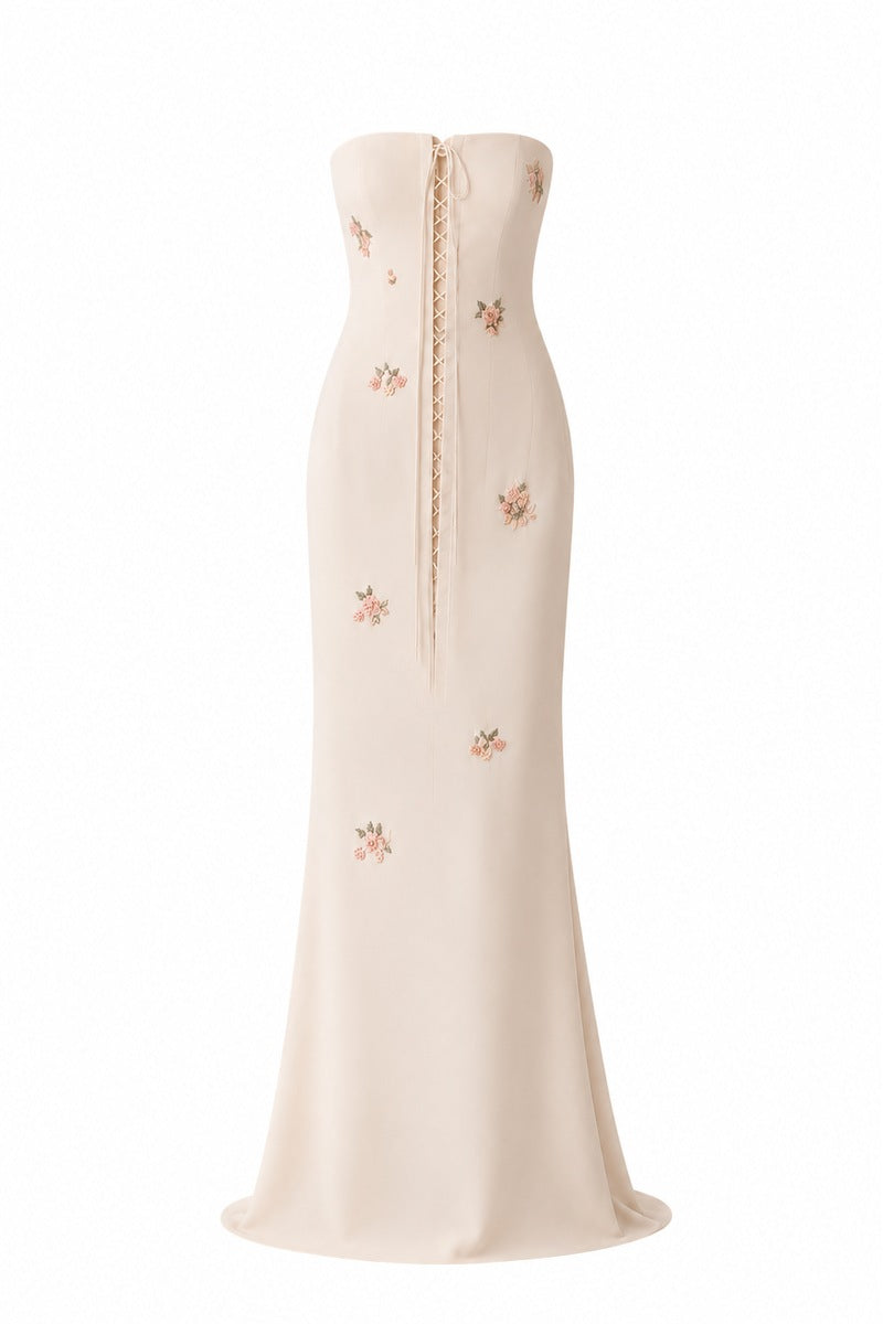 Nihan Peker vanilla poudre dress gown with elegant fabric and flowing design, shown in a full-length front view.