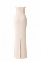 Nihan Peker vanilla poudre dress displayed on a mannequin, elegant gown with smooth fabric and subtle design details.