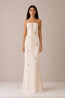 Nihan Peker vanilla poudre dress, elegant gown with soft fabric and detailed design, shown in a full-length view.