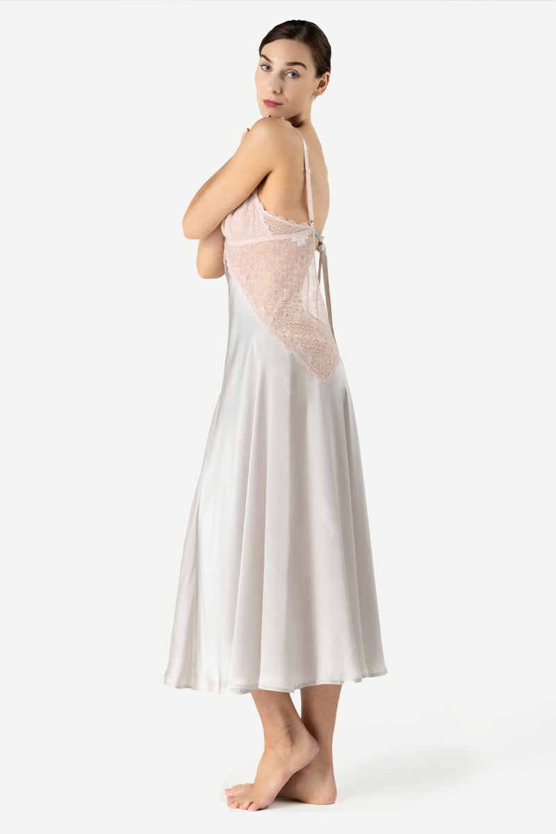 PRECIOUS SUNSET LONG SILK GOWN IN PEARL GRAY - CULT MIA