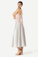 NK IMODE Precious Sunset long silk gown in pearl gray, front view showcasing elegant, flowing nightgown with delicate details.