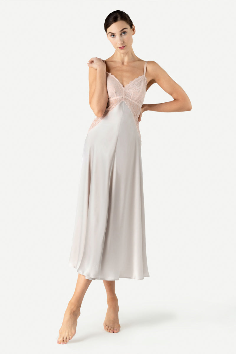 PRECIOUS SUNSET LONG SILK GOWN IN PEARL GRAY - CULT MIA
