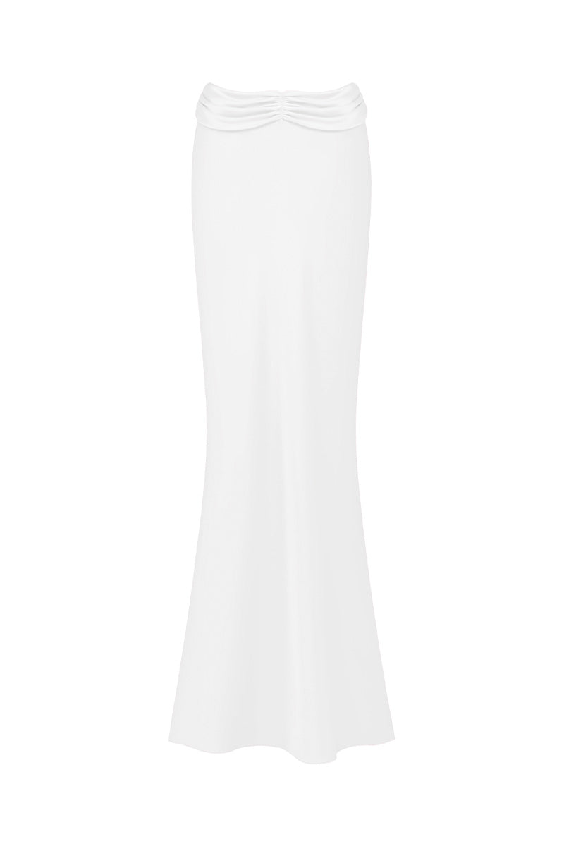 Off-white Princess maxi skirt by Stolen Stores, front view showcasing flowy fabric and elegant design.