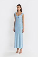 Stolen Stores princess blue maxi dress with flowing fabric and sleeveless design, perfect for elegant summer occasions.