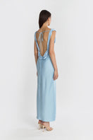 Stolen Stores princess blue maxi dress displayed on a hanger, featuring flowing fabric and elegant design.