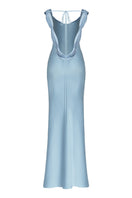 Back view of a Stolen Stores princess blue maxi dress featuring flowing fabric and elegant design for formal occasions.