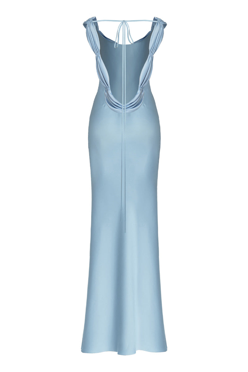 Back view of a Stolen Stores princess blue maxi dress featuring flowing fabric and elegant design for formal occasions.