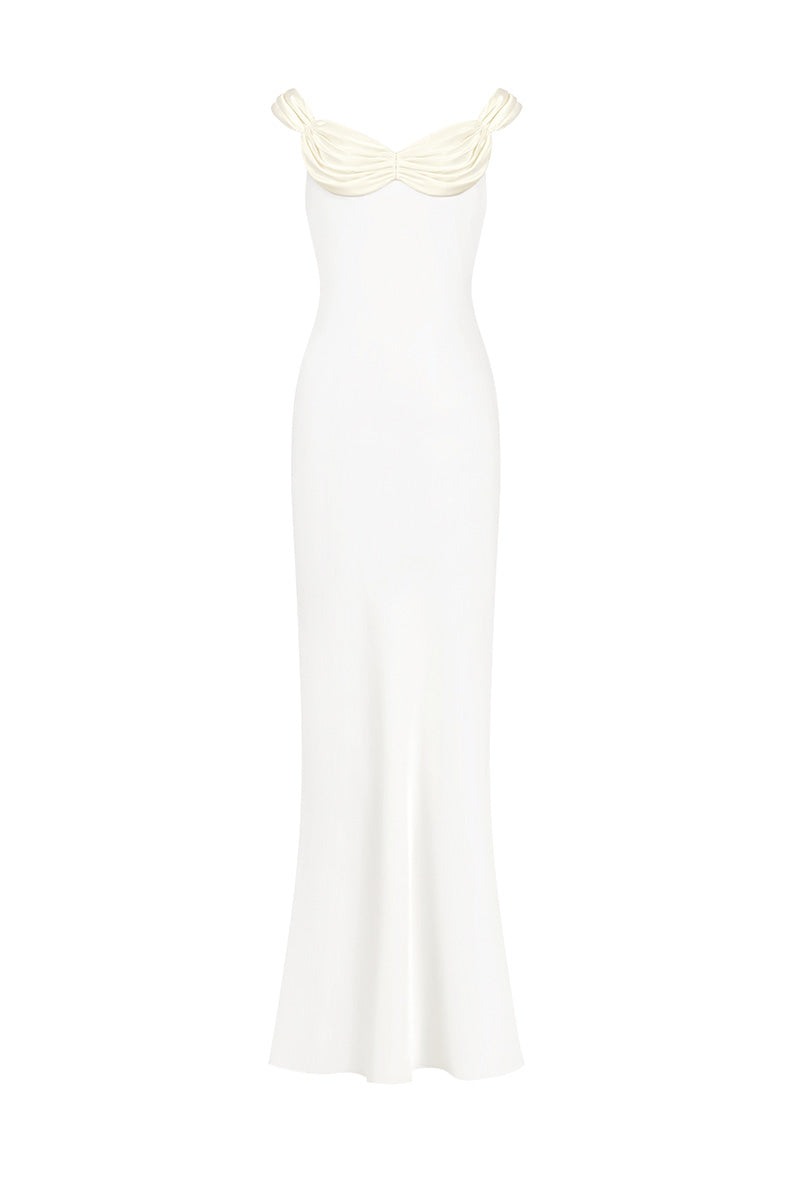 White princess maxi slip dress by Stolen Stores, front view showing its elegant flowy fabric and simple, stylish design.