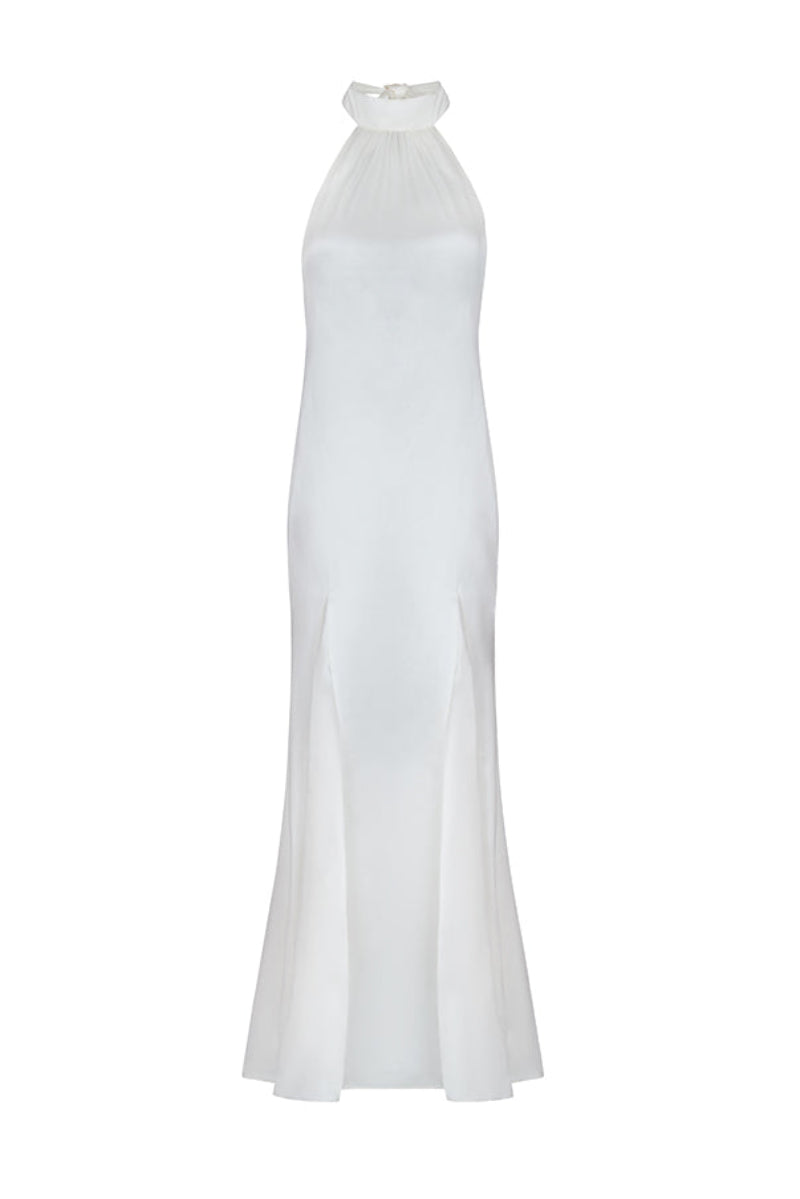 HALTER NECK MAXI SATIN DRESS WITH LACE TRIMMINGS IN ECRU | CULT MIA | Sudi Etuz HALTER NECK MAXI SATIN DRESS WITH LACE TRIMMINGS IN ECRU | CULT MIA | Sudi Etuz