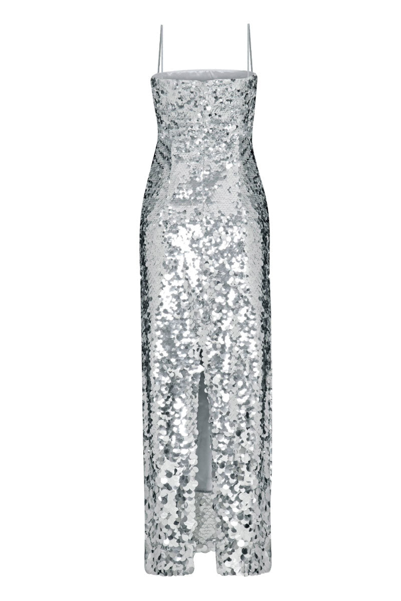 Nana Gotti Kayra Maxi Dress with flowing fabric and elegant design, shown in a full-length view on a model.