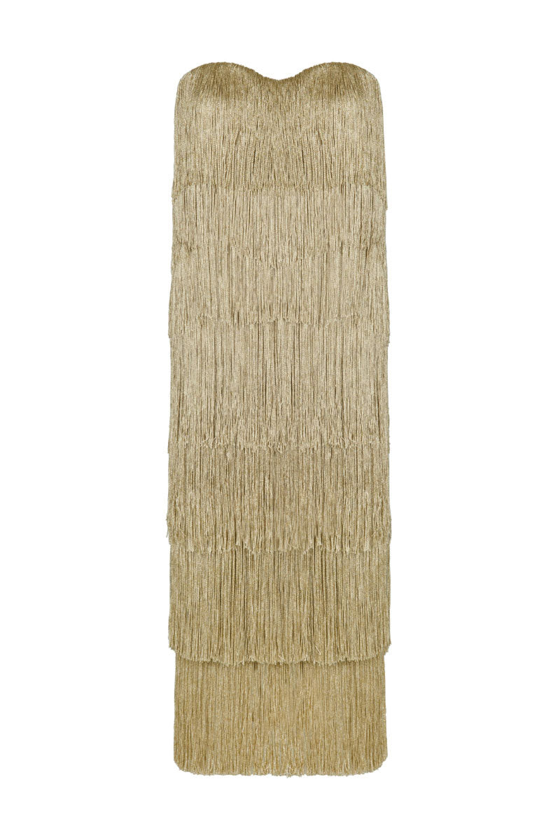 Nana Gotti HELIA maxi dress with flowing fabric and elegant design, shown in a full-length view on a model.