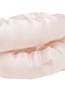 Pair of pink and white puff hair scrunchies by MANITO, soft elastic hair accessories with a fluffy, voluminous design.