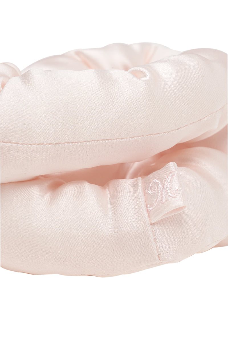 Pair of pink and white puff hair scrunchies by MANITO, soft elastic hair accessories with a fluffy, voluminous design.
