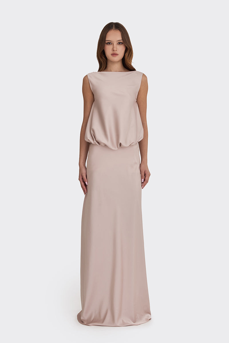 PUFFED BOATNECK MAXI GOWN IN SILVER PINK