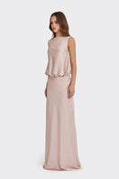 Silver pink puffed boatneck maxi gown by Stolen Stores, flowing fabric with a stylish boatneck design perfect for elegant occasions.